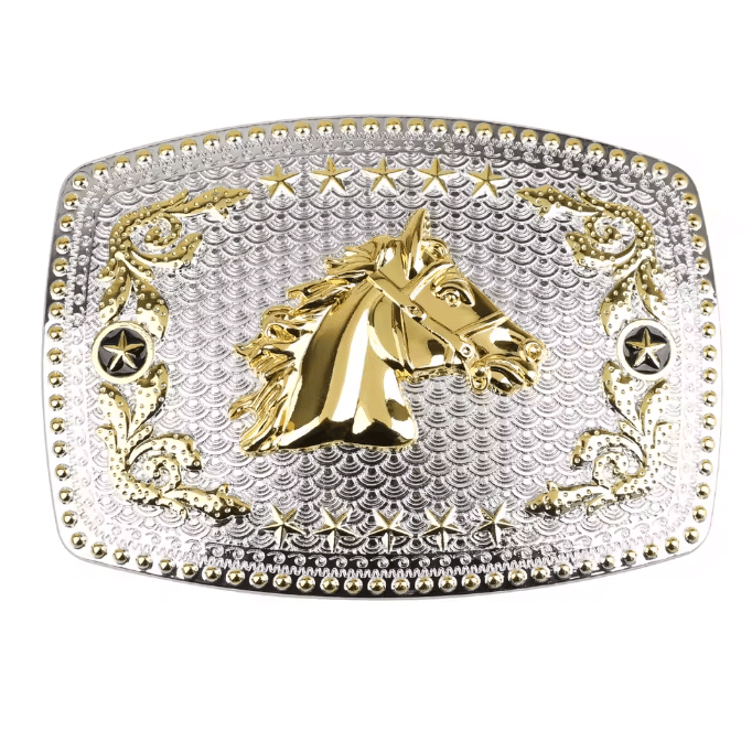 Boucle de ceinture western cheval argentée et dorée