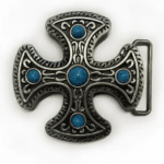 Boucle de ceinture western croix argentée à pierres bleues