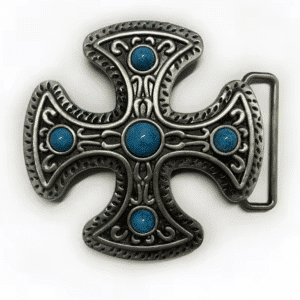 Boucle de ceinture western croix argentée à pierres bleues