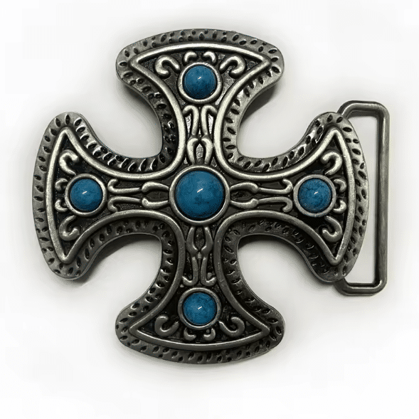 Boucle de ceinture western croix argentée à pierres bleues