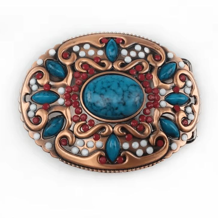 Boucle de ceinture western cuivrée à pierres turquoise
