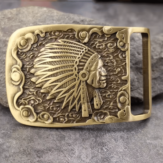 Boucle de ceinture western en laiton massif à motif chef amérindien (1)