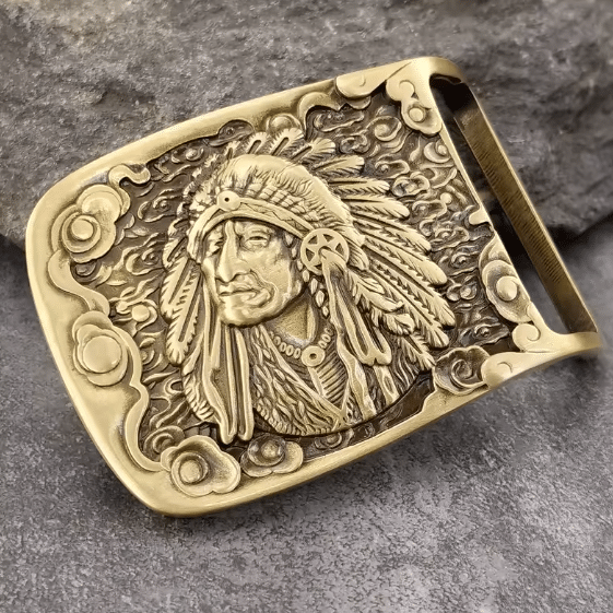 Boucle de ceinture western en laiton massif à motif chef amérindien (2)