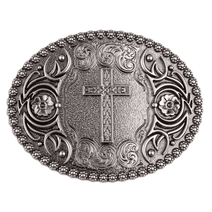 Boucle de ceinture western vintage à croix chrétienne et fleurs (2)