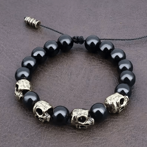 Bracelet perles noires têtes de mort (4)