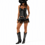 Ceinture corset harnais femme noire à chaînes argentées (1)