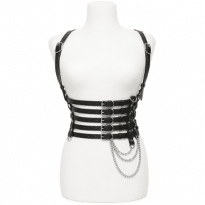 Ceinture corset harnais femme noire à chaînes argentées