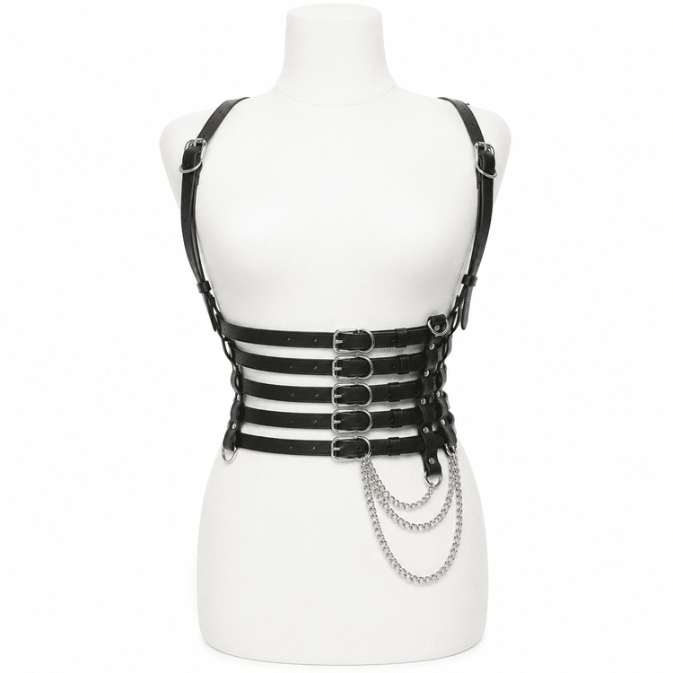 Ceinture corset harnais femme noire à chaînes argentées (2)