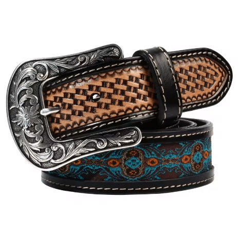Ceinture cowboy cuir noir motifs américains old school (1)