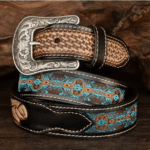 Ceinture cowboy cuir noir motifs américains old school (2)
