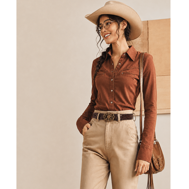 Ceinture cowboy femme cuir boucle métal florale dorée (4)