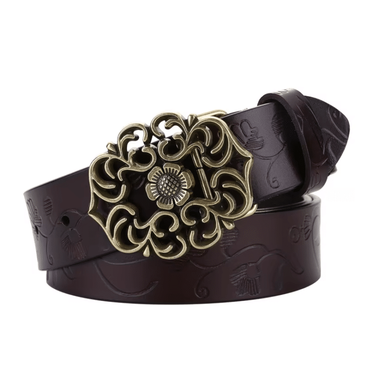 Ceinture cowboy femme cuir boucle métal florale dorée (5)