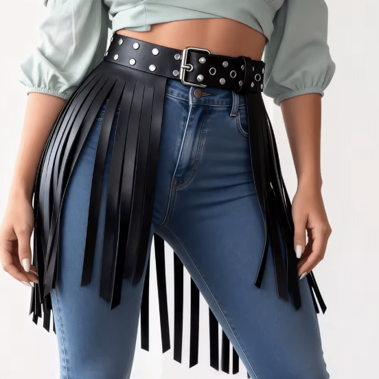 Ceinture cowboy femme noire à franges large (2)