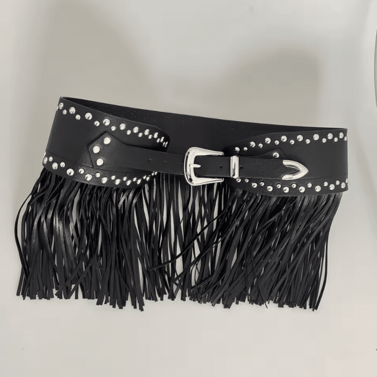 Ceinture cowboy franges rivets métalliques boucle argentée (6)