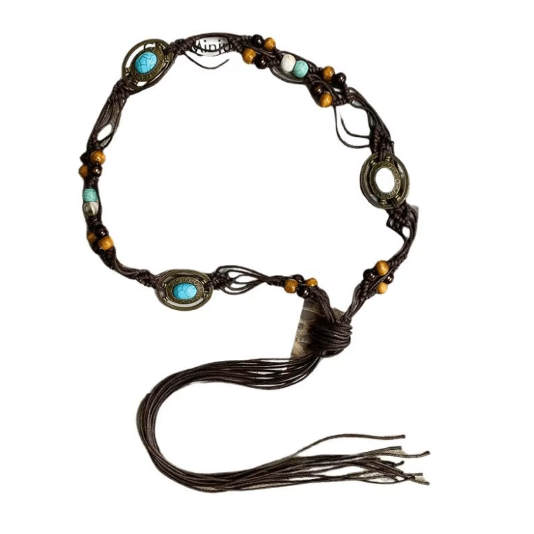 Ceinture cowboy tressée marron à nouer avec cabochons turquoise (2)