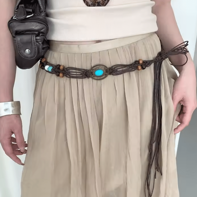 Ceinture cowboy tressée marron à nouer avec cabochons turquoise (3)