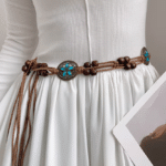Ceinture cowboy tressée marron à nouer avec cabochons turquoise (4)
