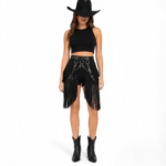 Ceinture cowgirl effet cuir sangles rivetées franges anneaux métal (1)