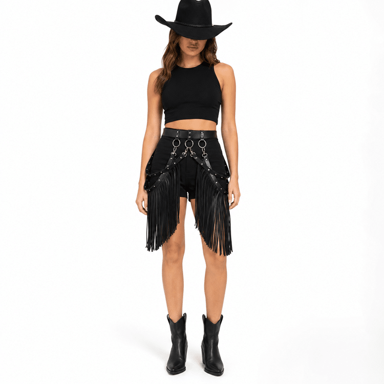 Ceinture cowgirl effet cuir sangles rivetées franges anneaux métal (1)