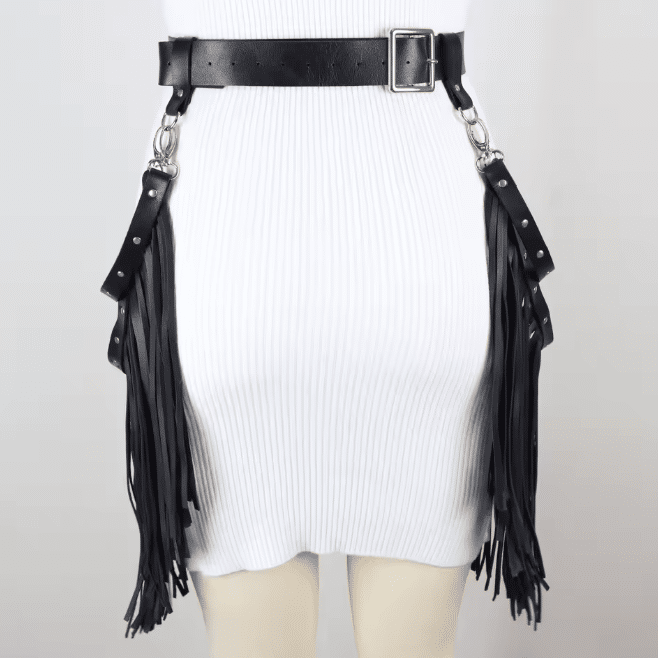 Ceinture cowgirl effet cuir sangles rivetées franges anneaux métal (3)