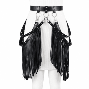 Ceinture cowgirl effet cuir sangles rivetées franges anneaux métal