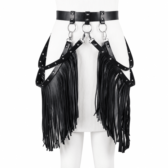 Ceinture cowgirl effet cuir sangles rivetées franges anneaux métal (5)