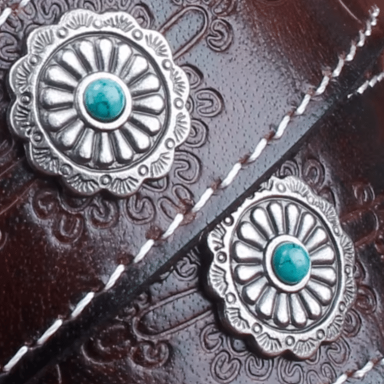 Ceinture épaisse en cuir marron avec conchos turquoise western (1)