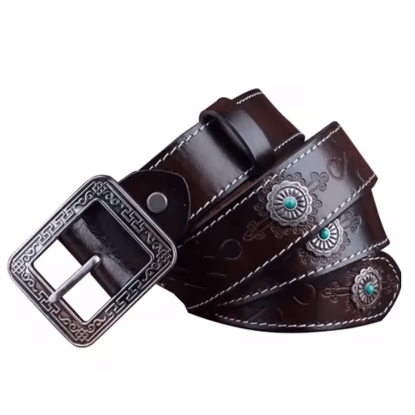 Ceinture épaisse en cuir marron avec conchos turquoise western (2)