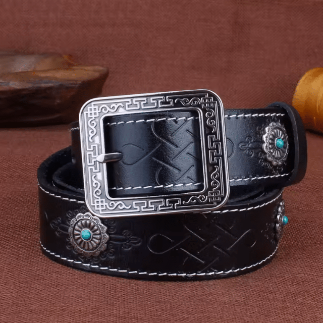 Ceinture épaisse en cuir marron avec conchos turquoise western (4)