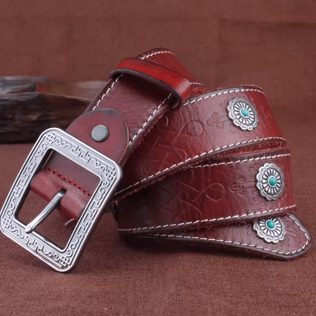 Ceinture épaisse en cuir marron avec conchos turquoise western (5)