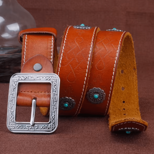 Ceinture épaisse en cuir marron avec conchos turquoise western (6)