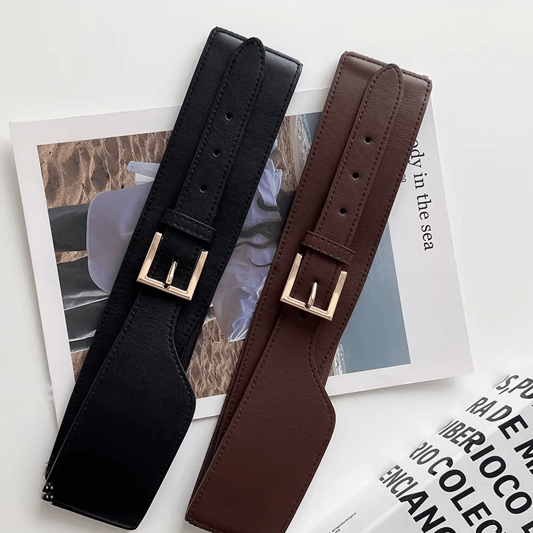 Ceinture large marron effet cuir à boucle dorée style western femme (1)
