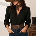 Ceinture large marron effet cuir à boucle dorée style western femme (5)
