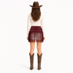 Ceinture western bordeaux à franges et double boucle argentée (1)