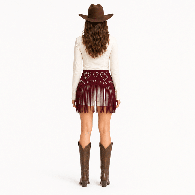 Ceinture western bordeaux à franges et double boucle argentée (1)