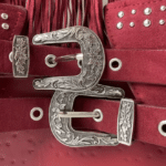 Ceinture western bordeaux à franges et double boucle argentée (2)