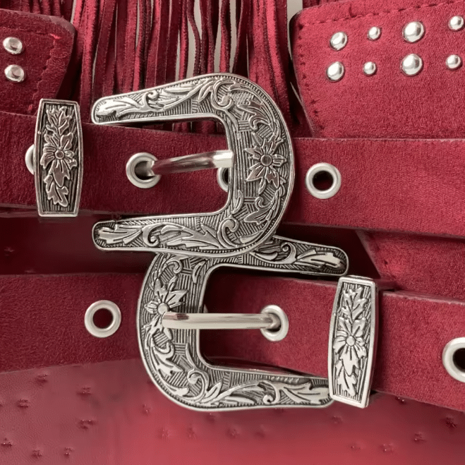 Ceinture western bordeaux à franges et double boucle argentée (2)