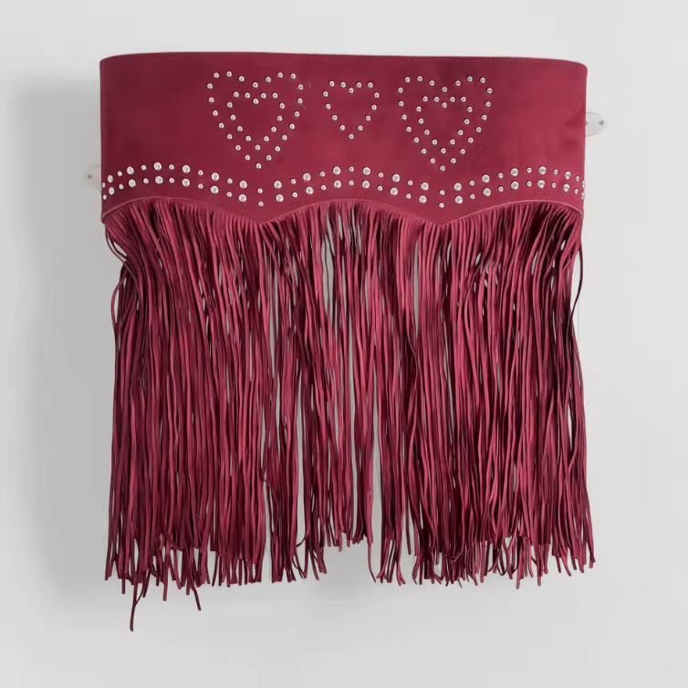 Ceinture western bordeaux à franges et double boucle argentée (3)