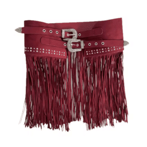 Ceinture western bordeaux à franges et double boucle argentée