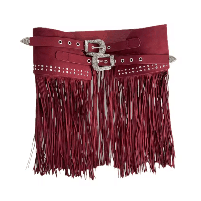 Ceinture western bordeaux à franges et double boucle argentée (4)