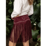 Ceinture western bordeaux à franges et double boucle argentée (6)