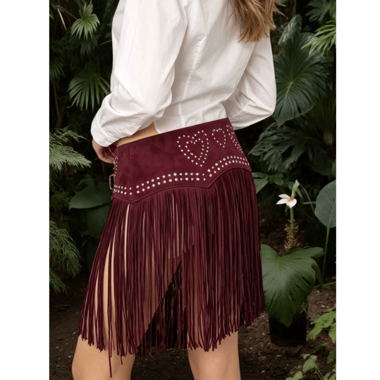 Ceinture western bordeaux à franges et double boucle argentée (6)