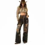 Ceinture western femme asymétrique à franges aspect daim marron