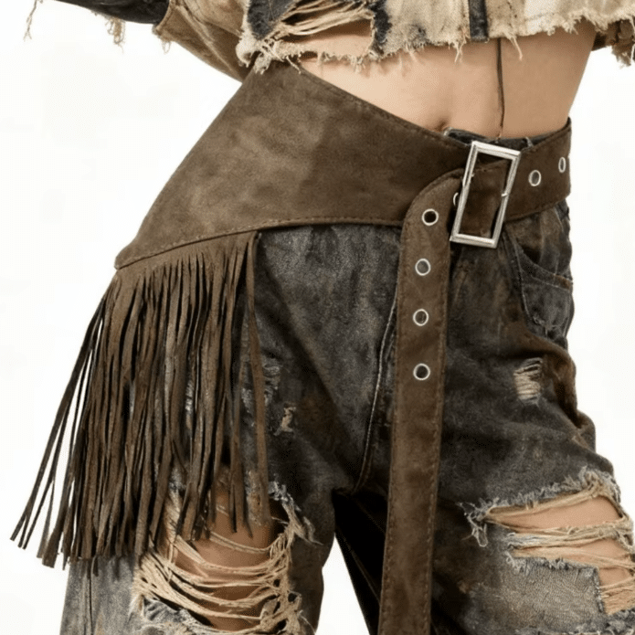 Ceinture western femme asymétrique à franges aspect daim marron (3)