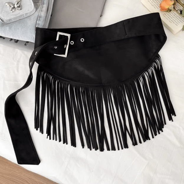 Ceinture western femme asymétrique à franges aspect daim marron (4)