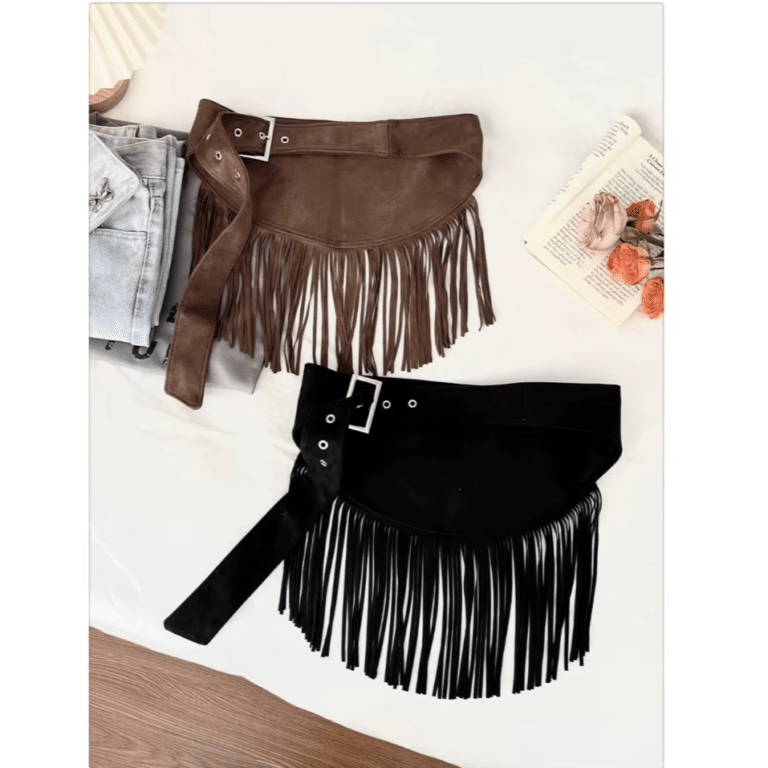 Ceinture western femme asymétrique à franges aspect daim marron (6)