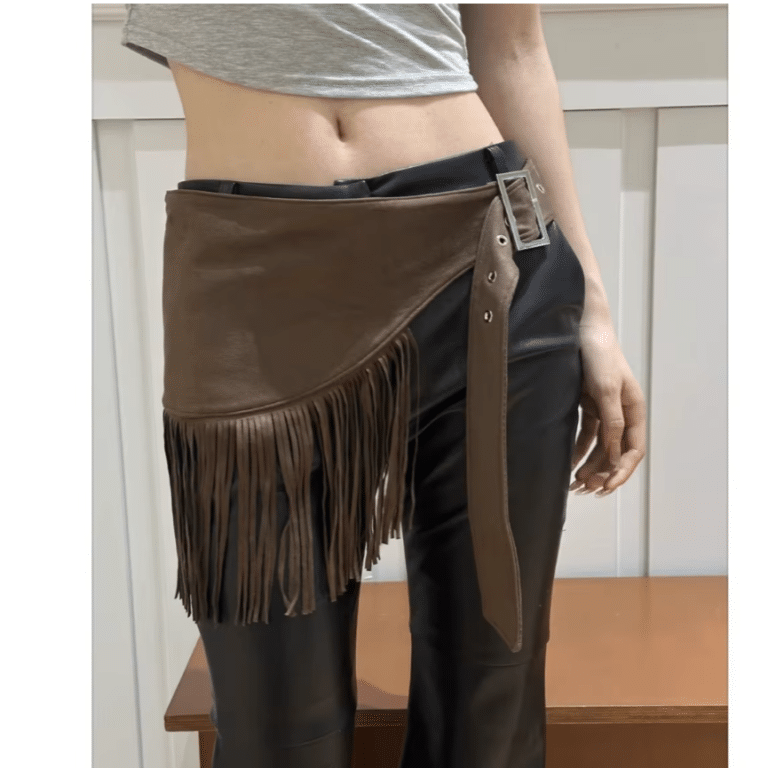 Ceinture western femme asymétrique à franges aspect daim marron (8)