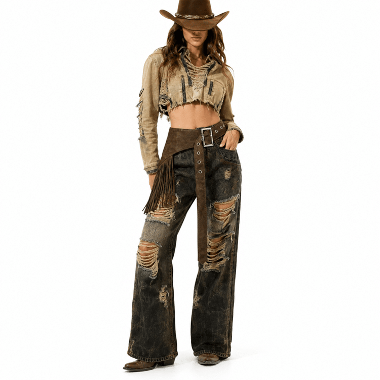 Ceinture western femme asymétrique à franges aspect daim marron