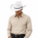 Chapeau cowboy blanc bandeau noir boucle argentée (1)