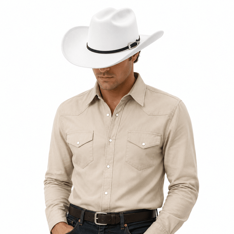 Chapeau cowboy blanc bandeau noir boucle argentée (1)